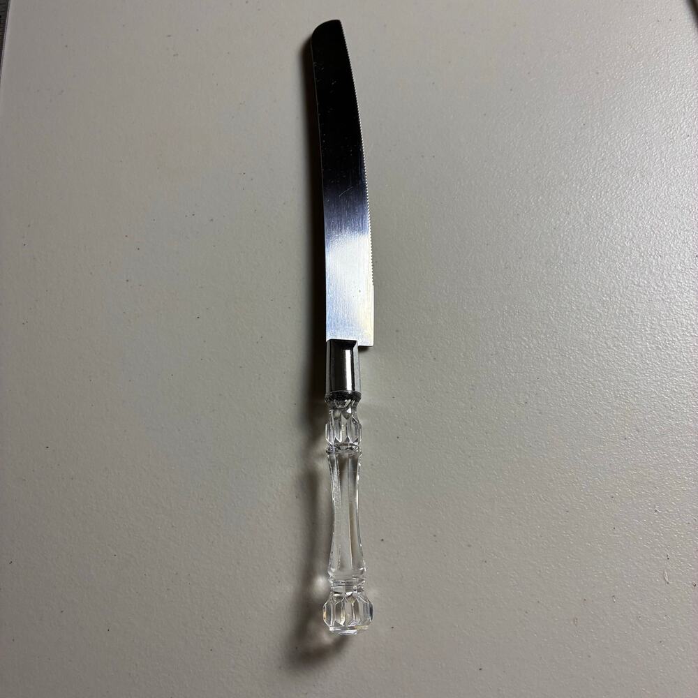 Vintage Wedding Cake Knife 13" Clear Crystal Lucite Handle Serrated Blade